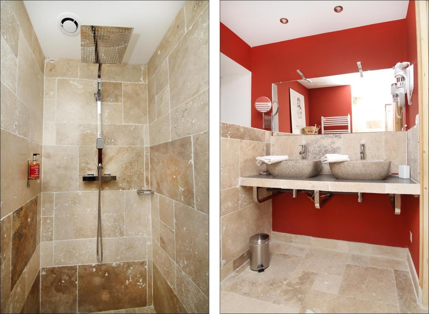 Salle d'eau avec douche italienne, WC, et double vasque