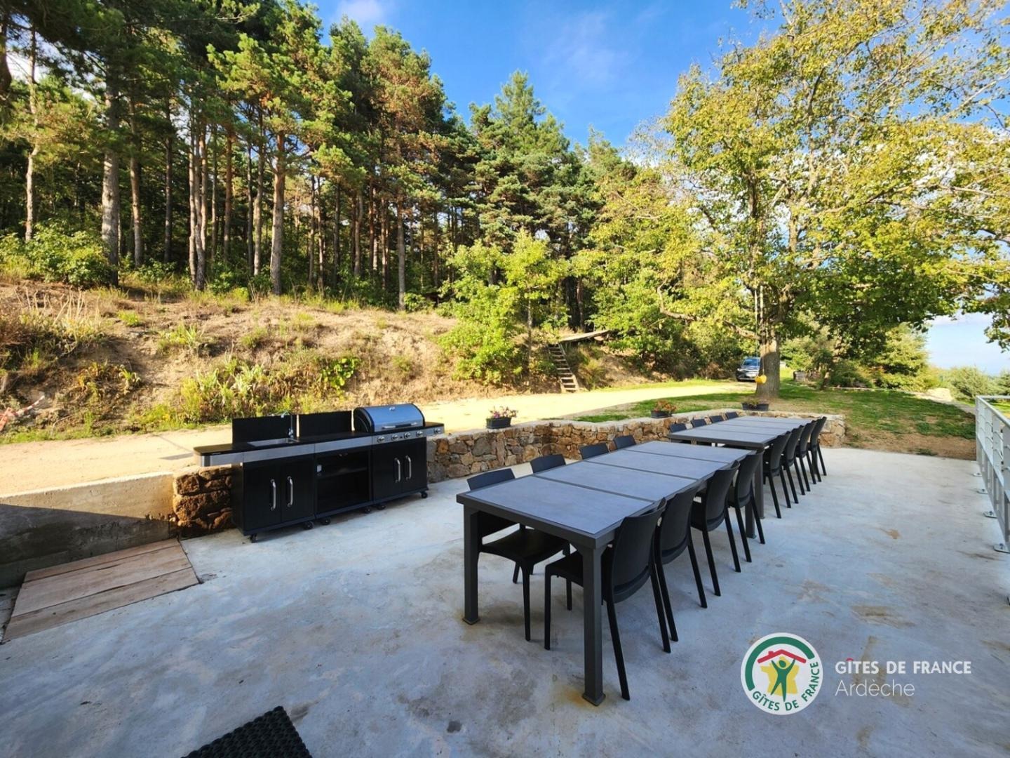Grande terrasse avec table de jardin et barbecue gaz