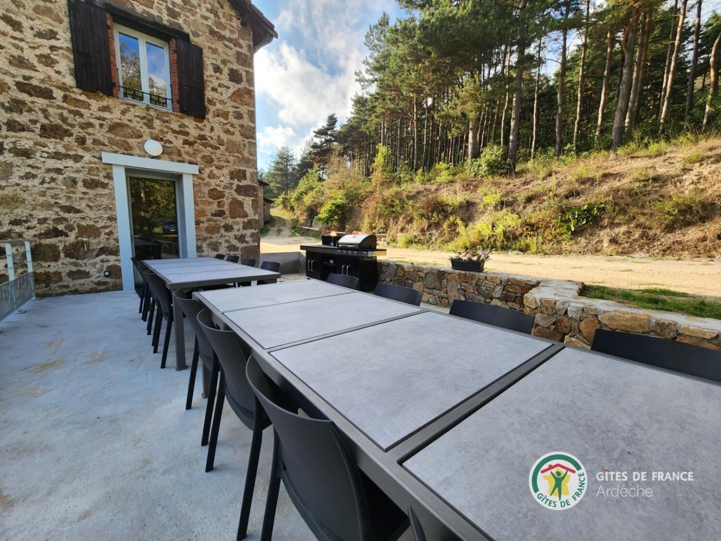 Grande terrasse avec table de jardin et barbecue gaz